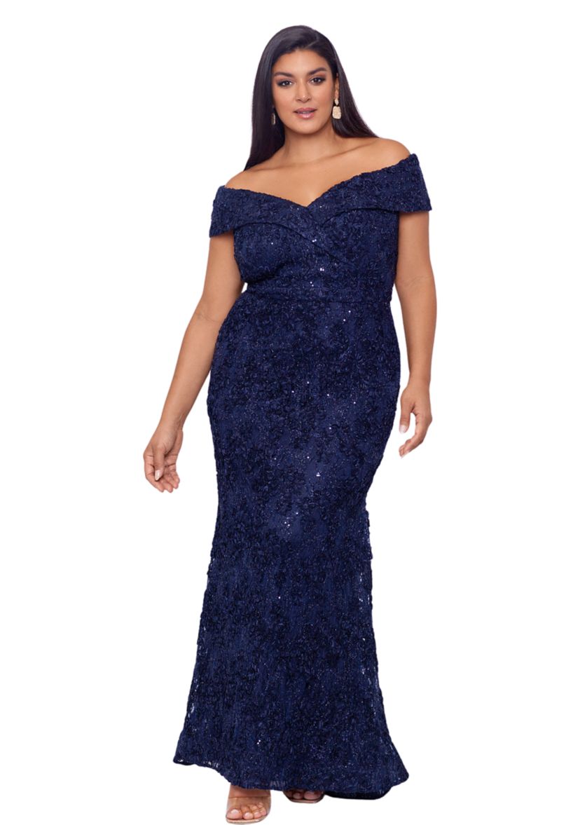 Plus Size Off the Shoulder Solid Embellished Lace Gown