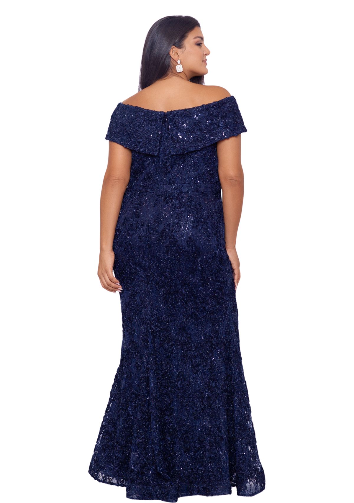 Plus Size Off the Shoulder Solid Embellished Lace Gown