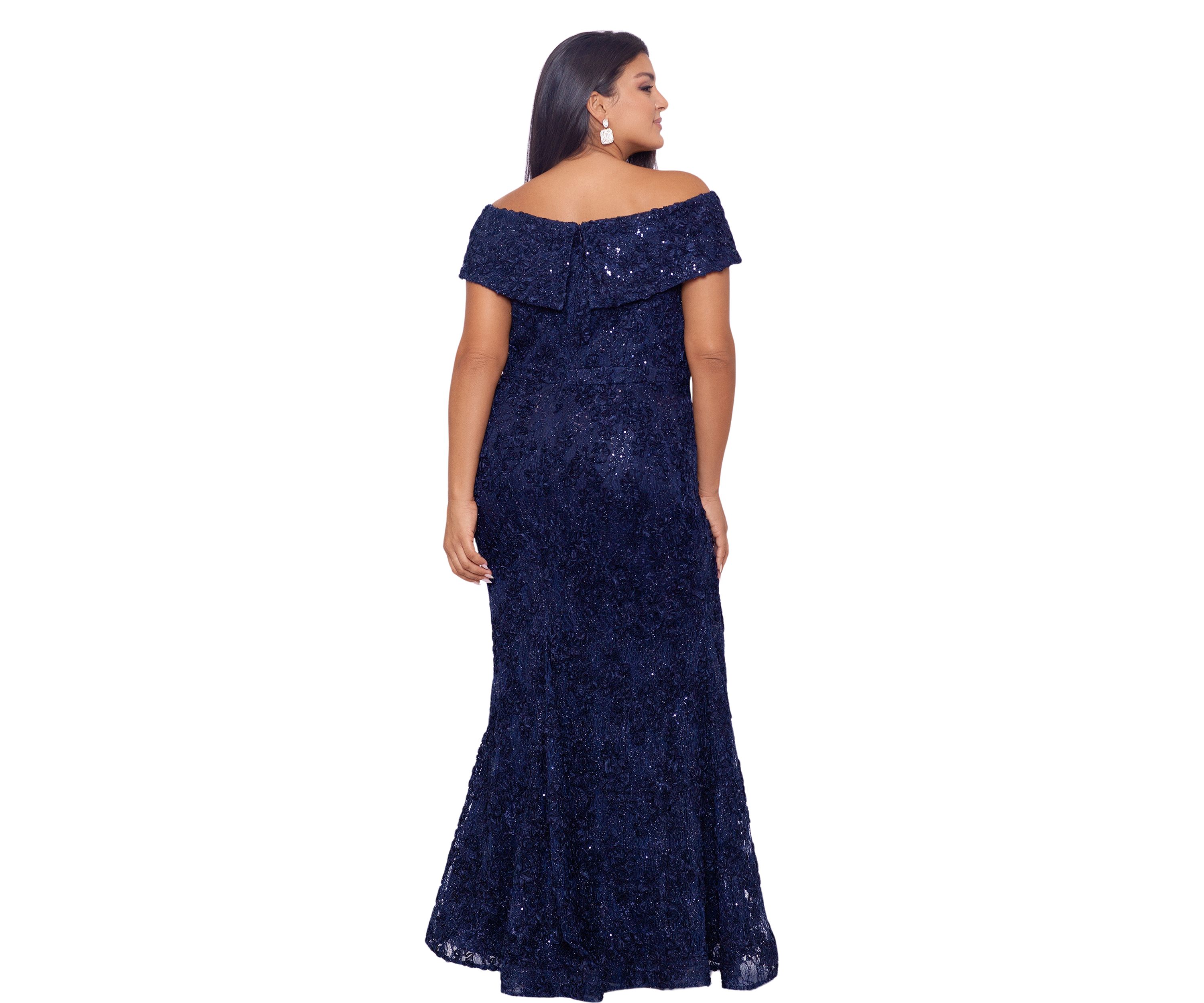 Plus Size Off the Shoulder Solid Embellished Lace Gown