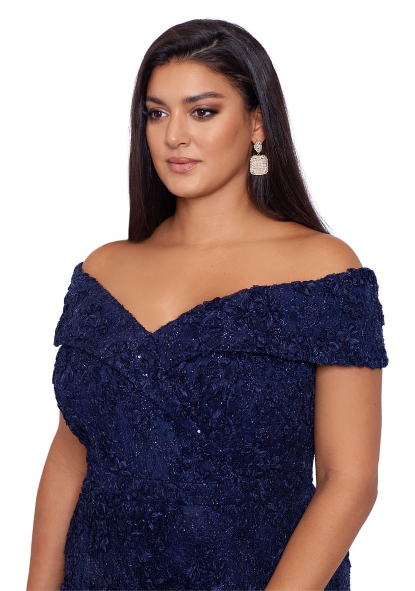 Plus Size Off the Shoulder Solid Embellished Lace Gown