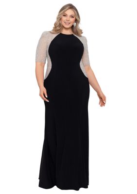 Plus Short Sleeve Beaded Solid Fit and Flare Gown
