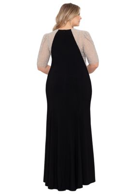 Plus Short Sleeve Beaded Solid Fit and Flare Gown