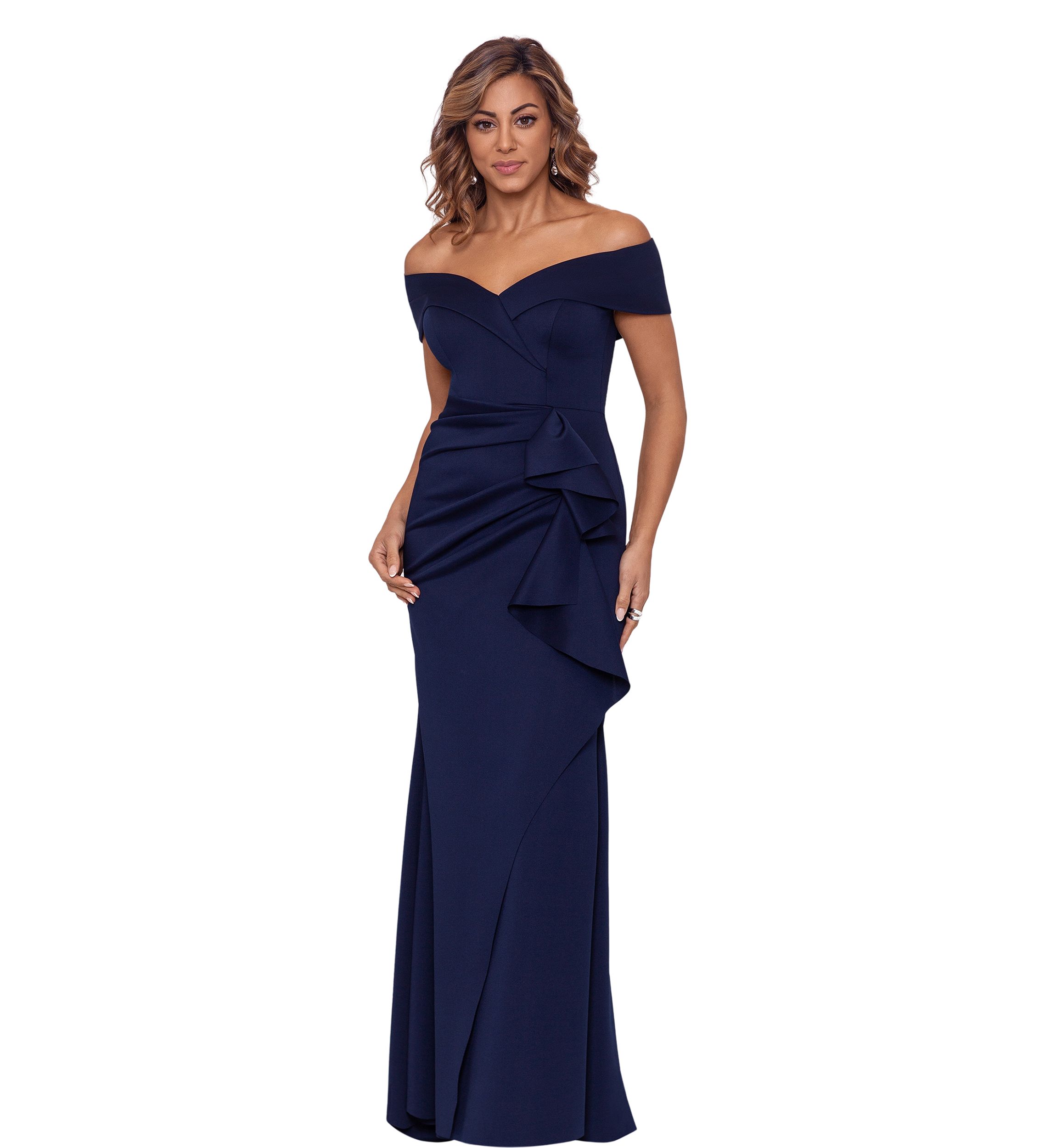 Womens Long Off the Shoulder Scuba Ruffle Dress