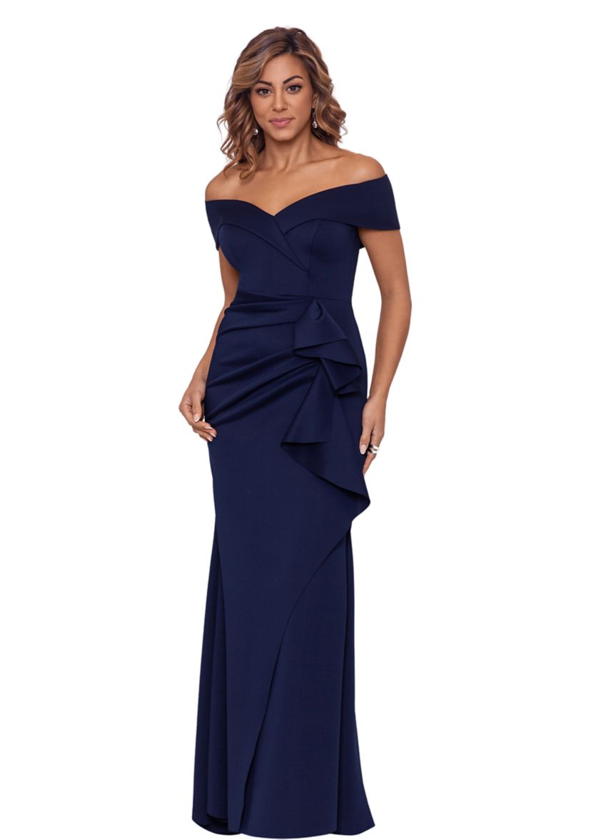 Womens Long Off the Shoulder Scuba Ruffle Dress