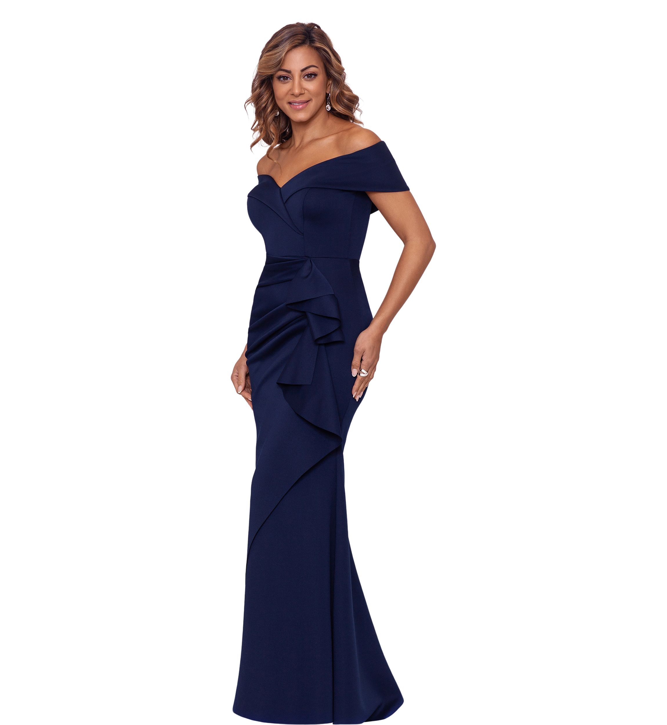 Womens Long Off the Shoulder Scuba Ruffle Dress