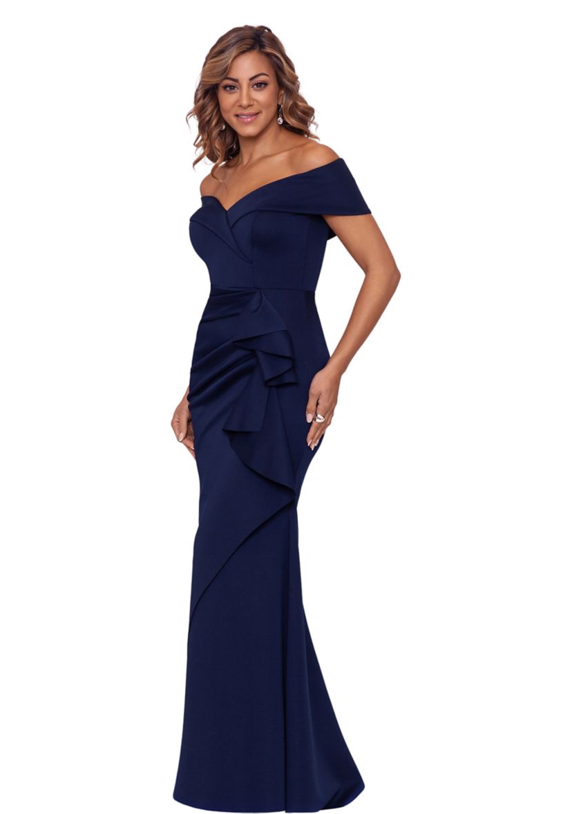 Womens Long Off the Shoulder Scuba Ruffle Dress