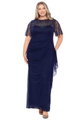 Plus Short Sleeve Illusion Neck Beaded Solid Gown