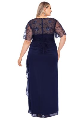 Plus Short Sleeve Illusion Neck Beaded Solid Gown