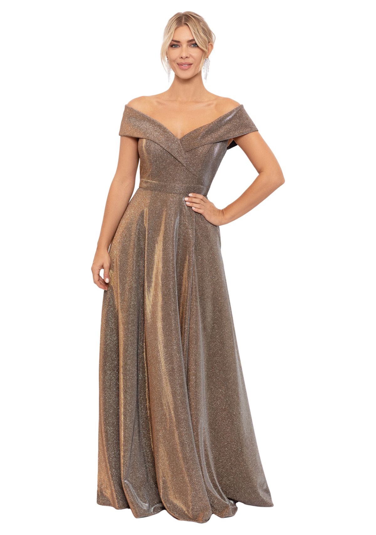 Womens Off the Shoulder Glitter Fit and Flare Gown