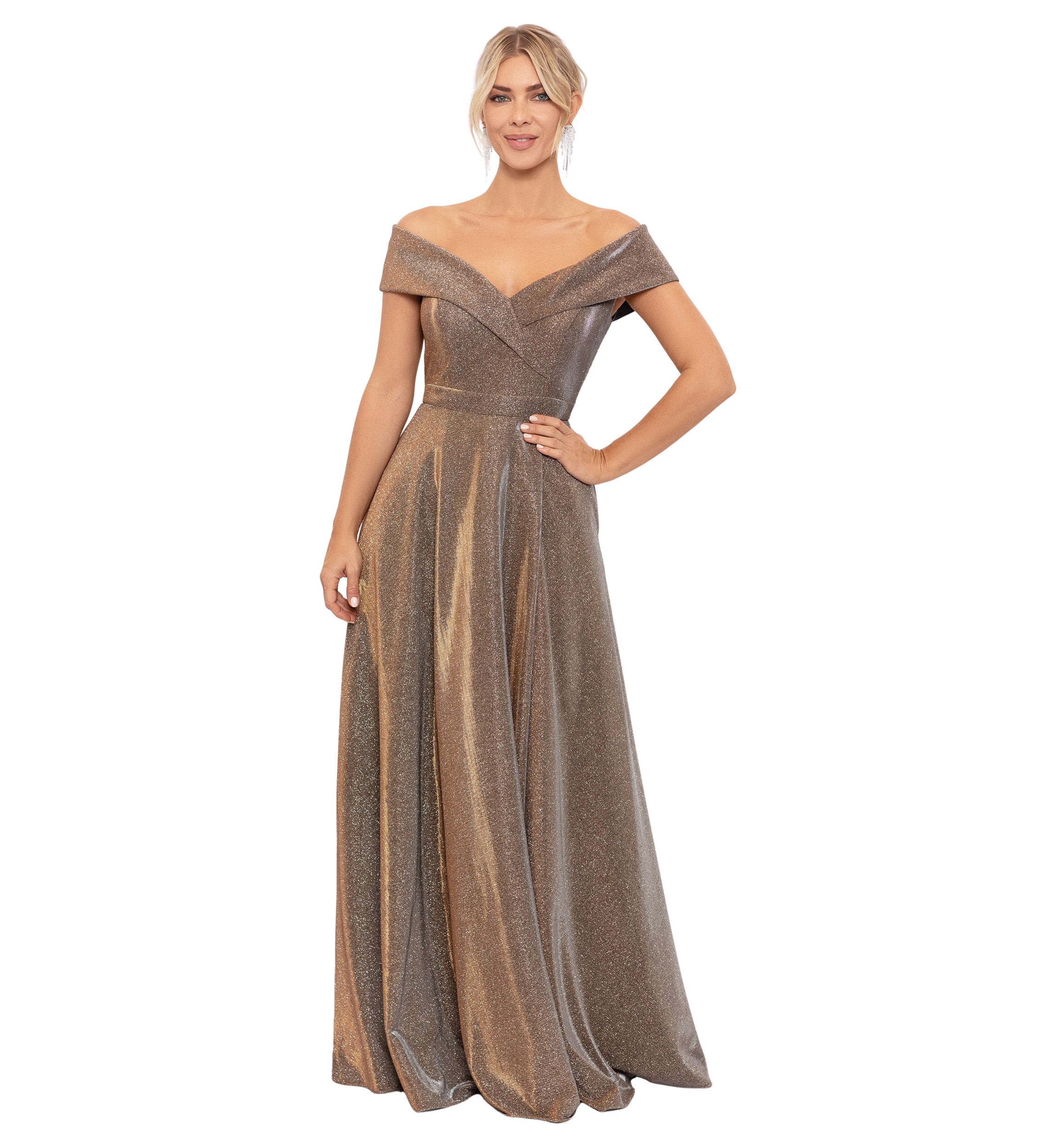 Womens Off the Shoulder Glitter Fit and Flare Gown