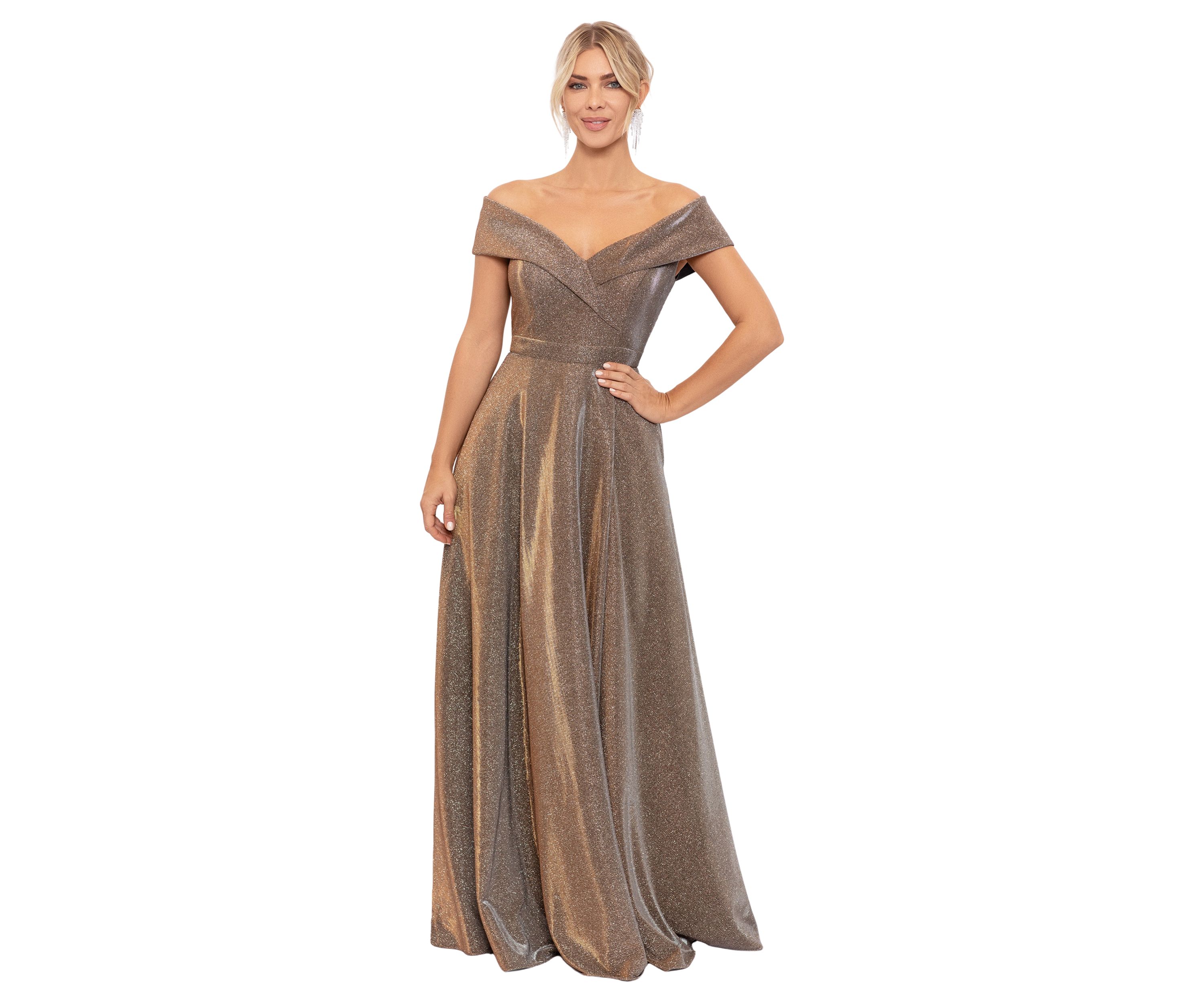 Womens Off the Shoulder Glitter Fit and Flare Gown