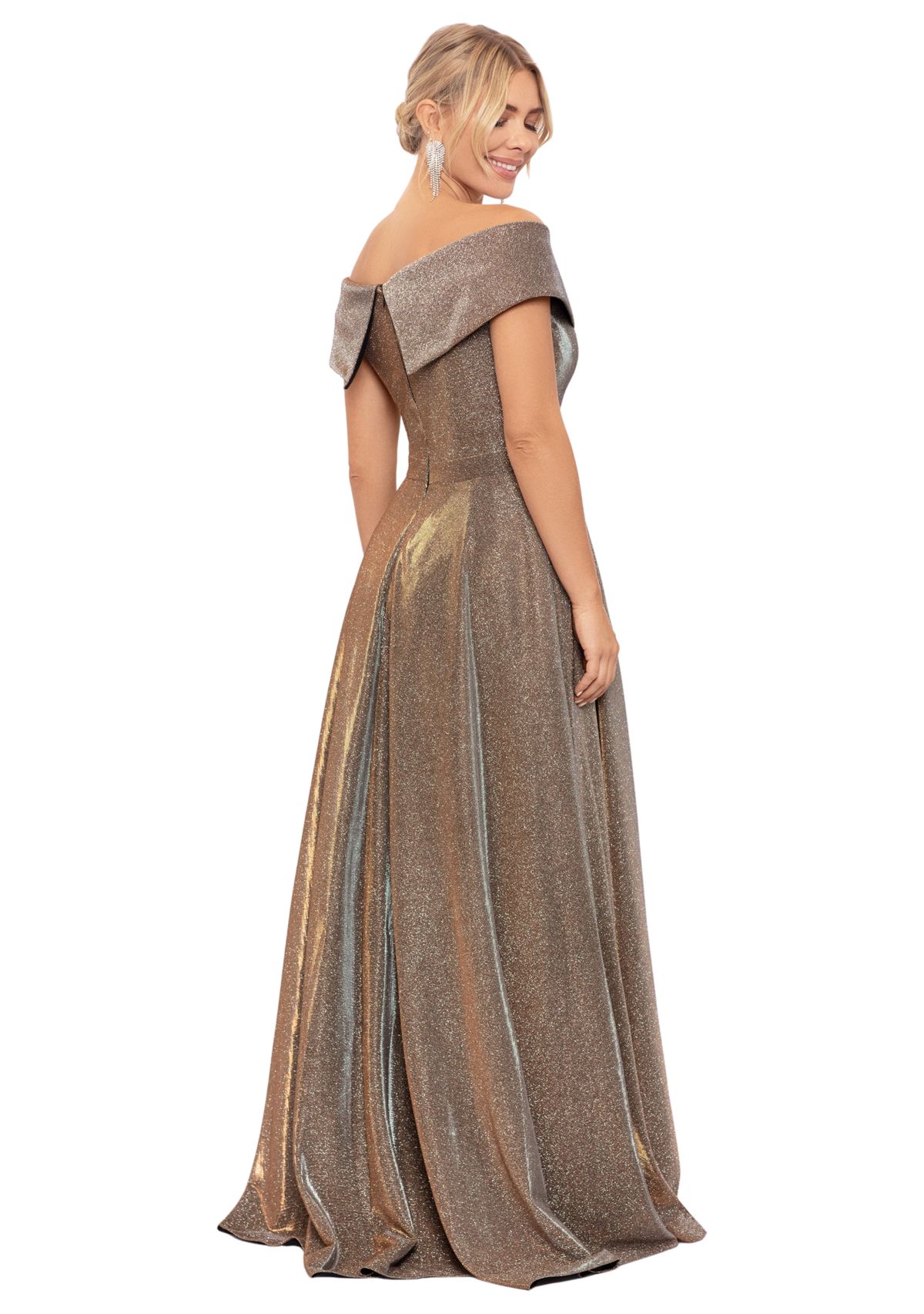 Womens Off the Shoulder Glitter Fit and Flare Gown