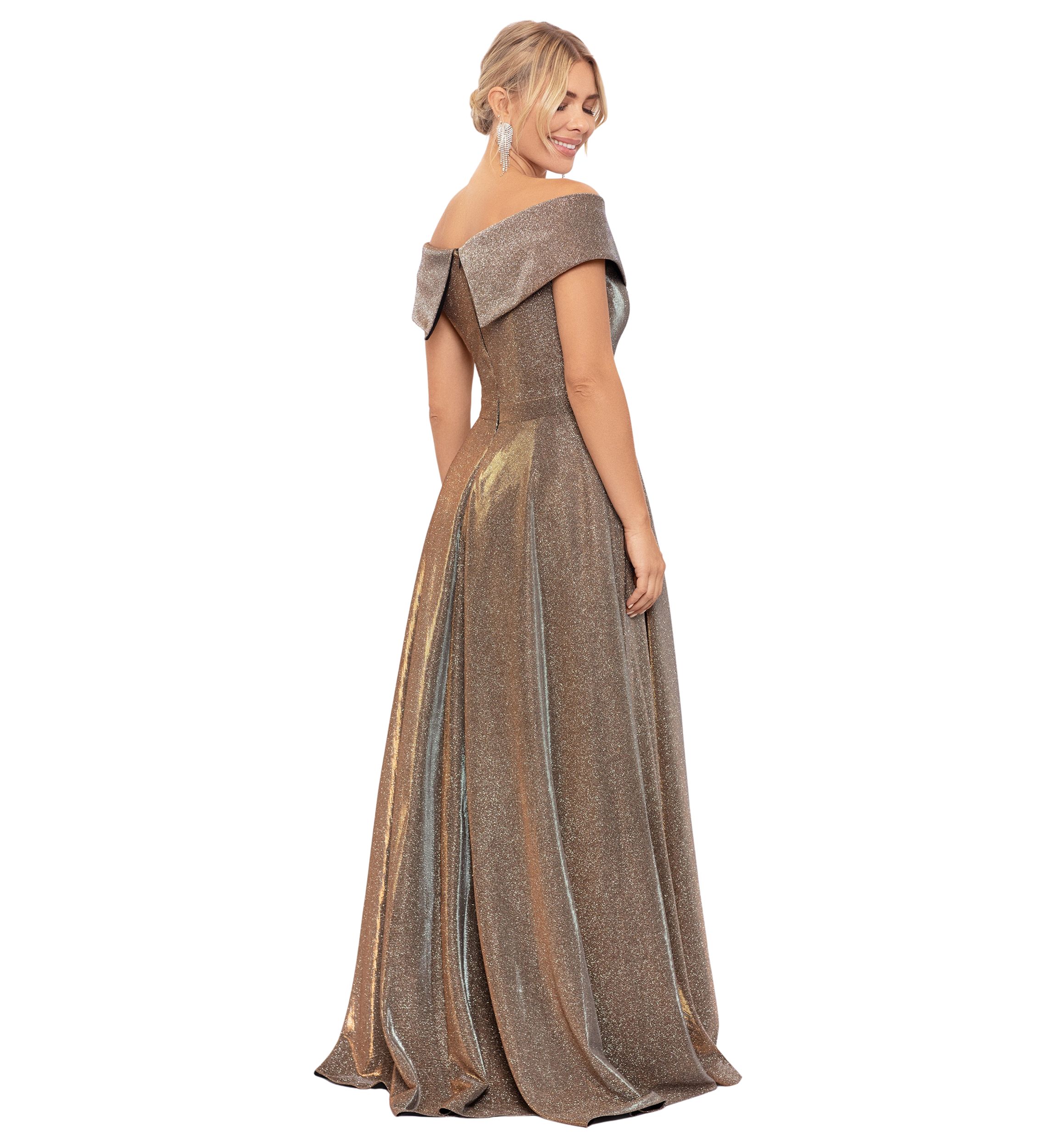 Womens Off the Shoulder Glitter Fit and Flare Gown