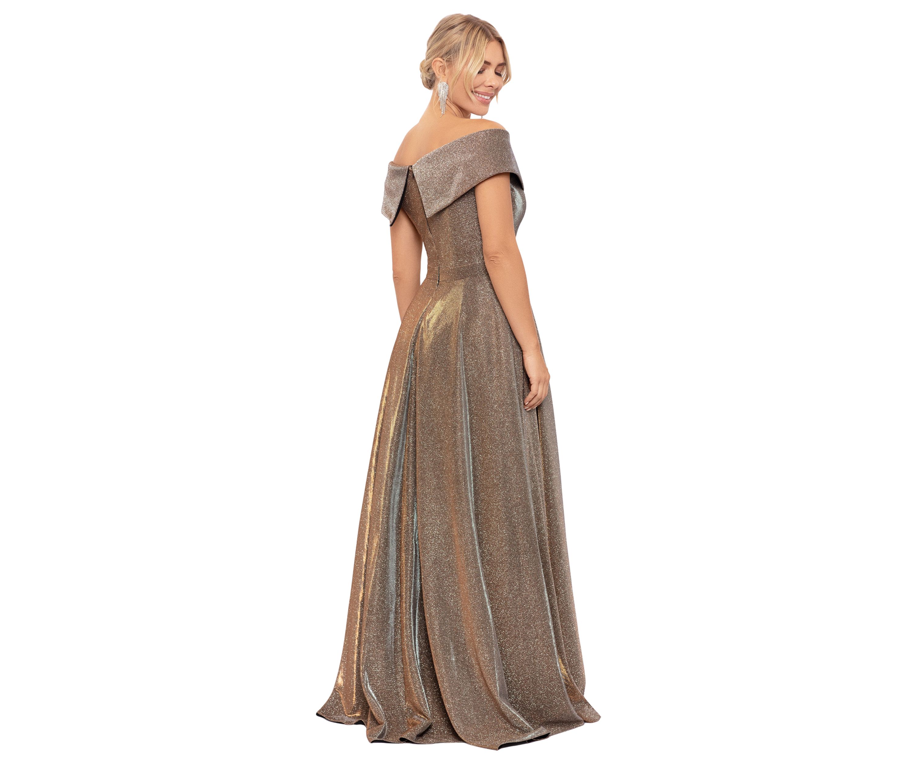Womens Off the Shoulder Glitter Fit and Flare Gown