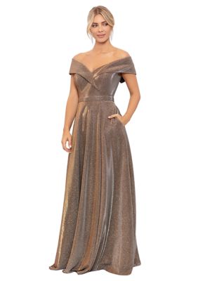 Women's Off the Shoulder Glitter Fit and Flare Gown