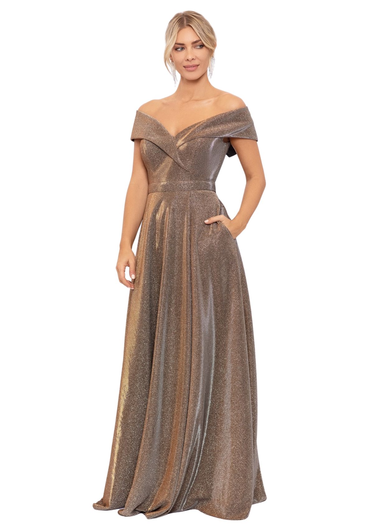 Womens Off the Shoulder Glitter Fit and Flare Gown