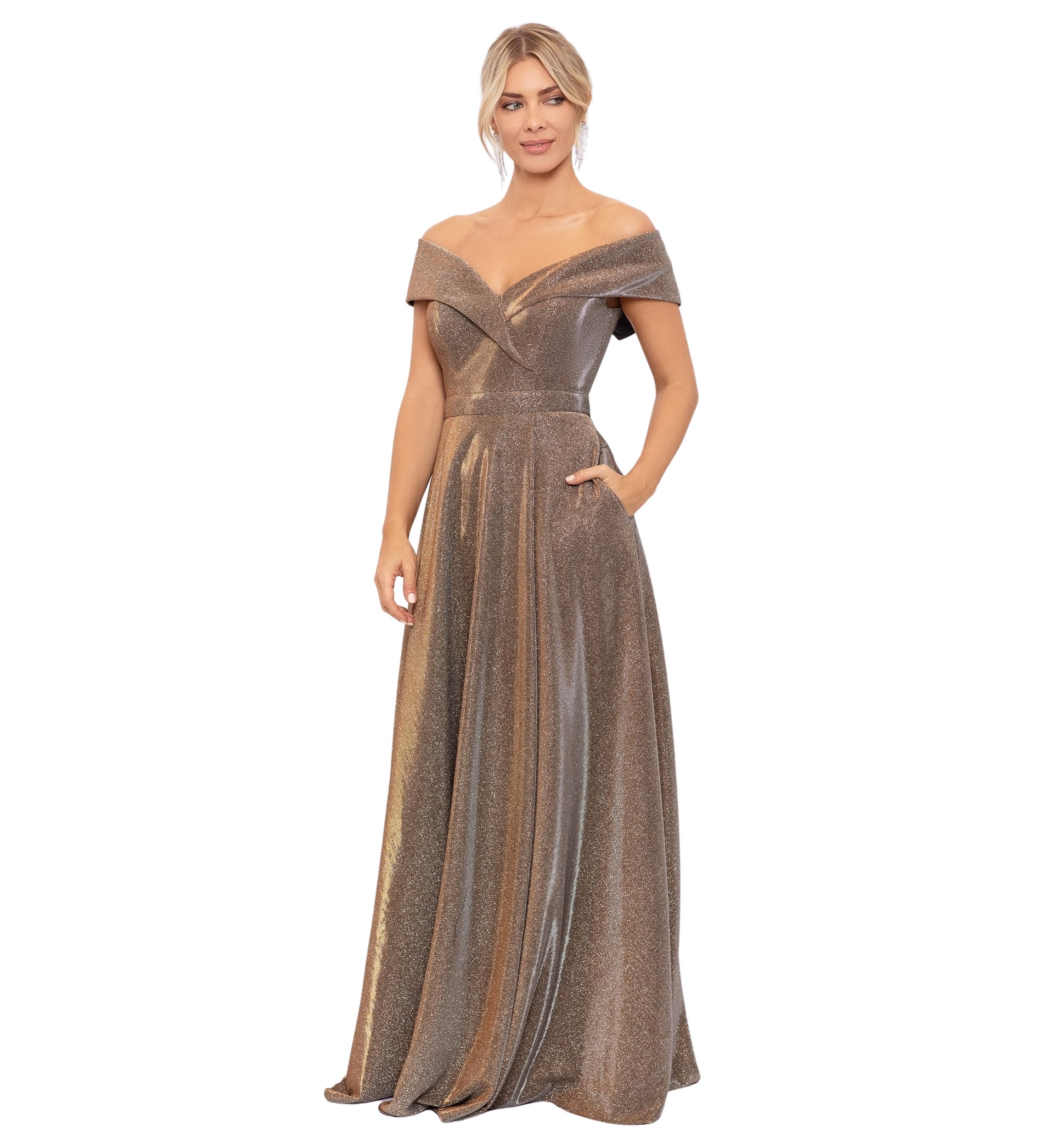 Womens Off the Shoulder Glitter Fit and Flare Gown