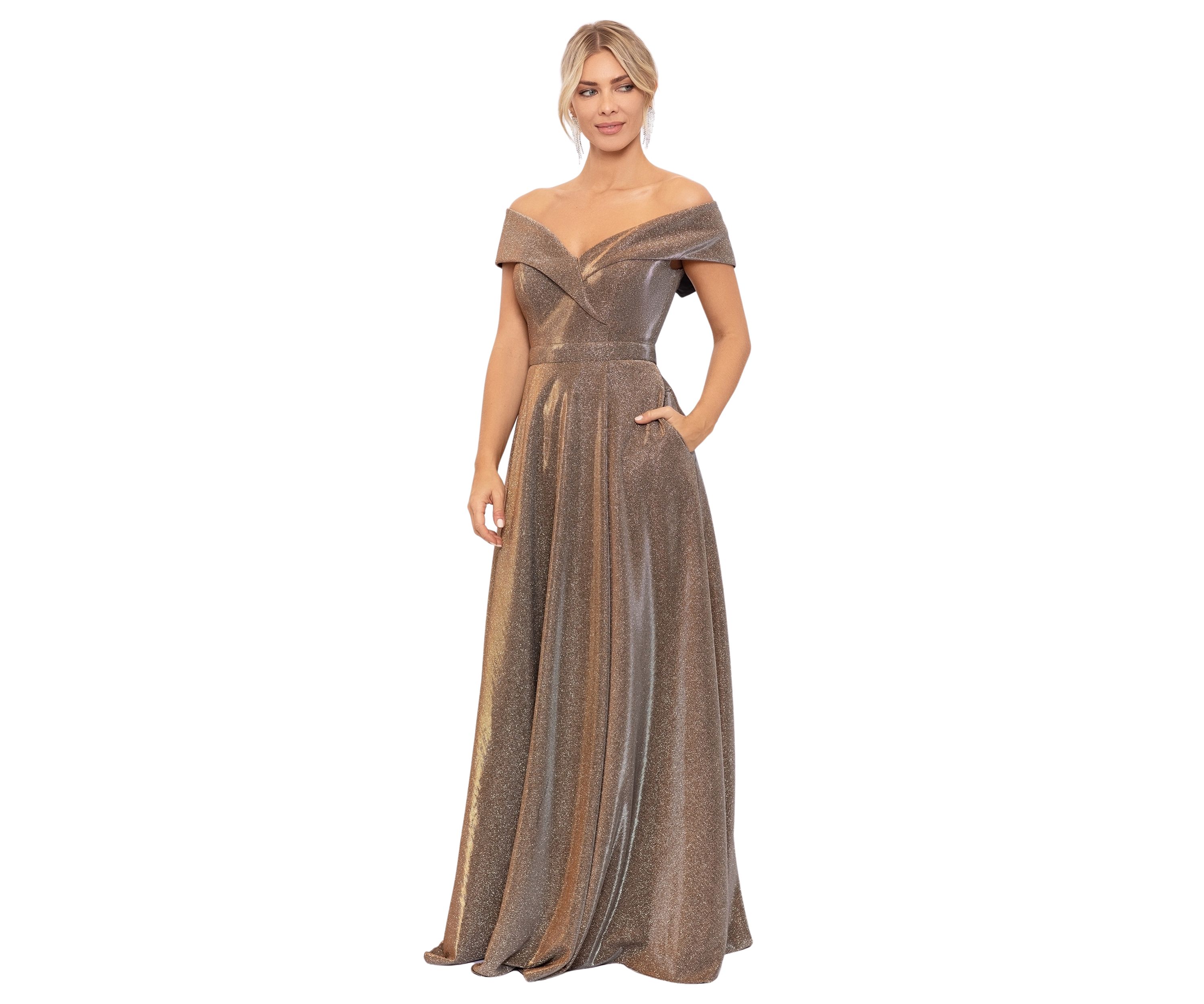 Womens Off the Shoulder Glitter Fit and Flare Gown