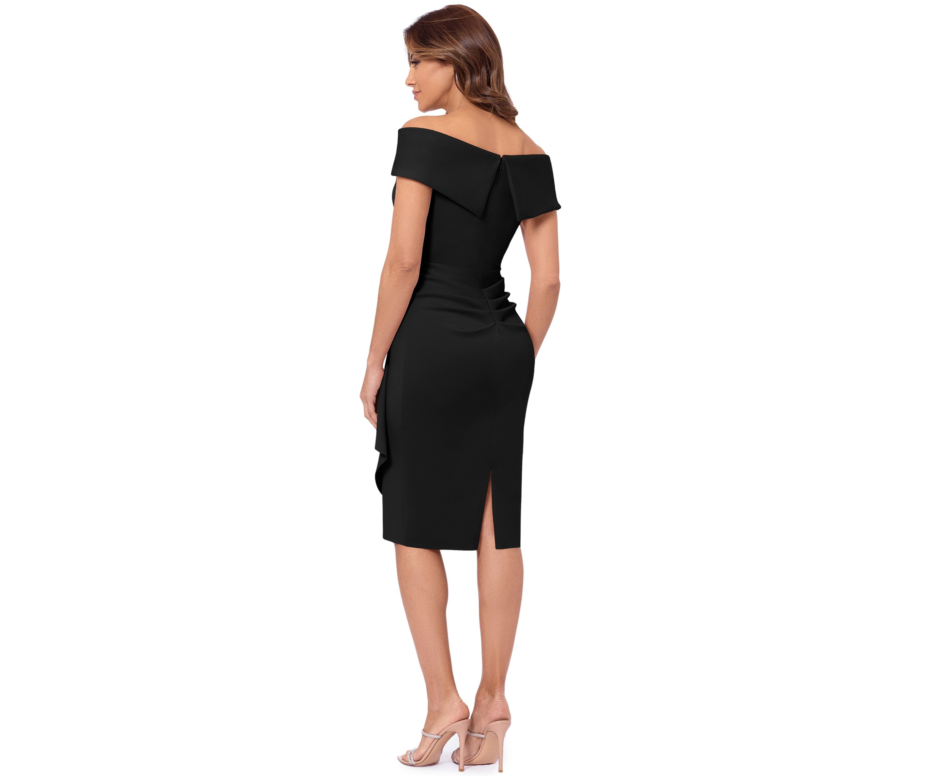 Womens Off the Shoulder Solid Side Ruffle Sheath Gown