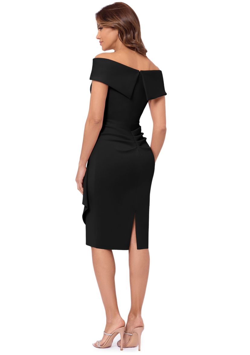 Womens Off the Shoulder Solid Side Ruffle Sheath Gown