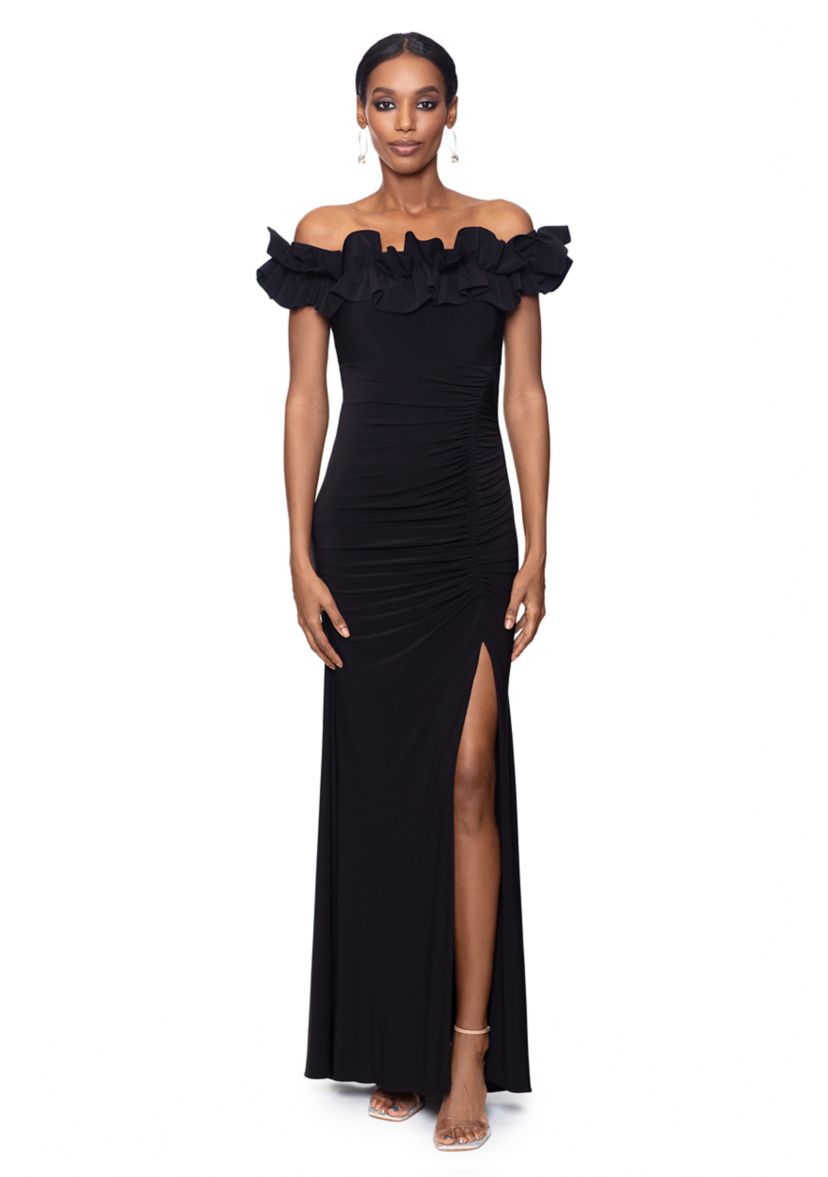 Womens Sleeveless Ruffle Solid Gown 
