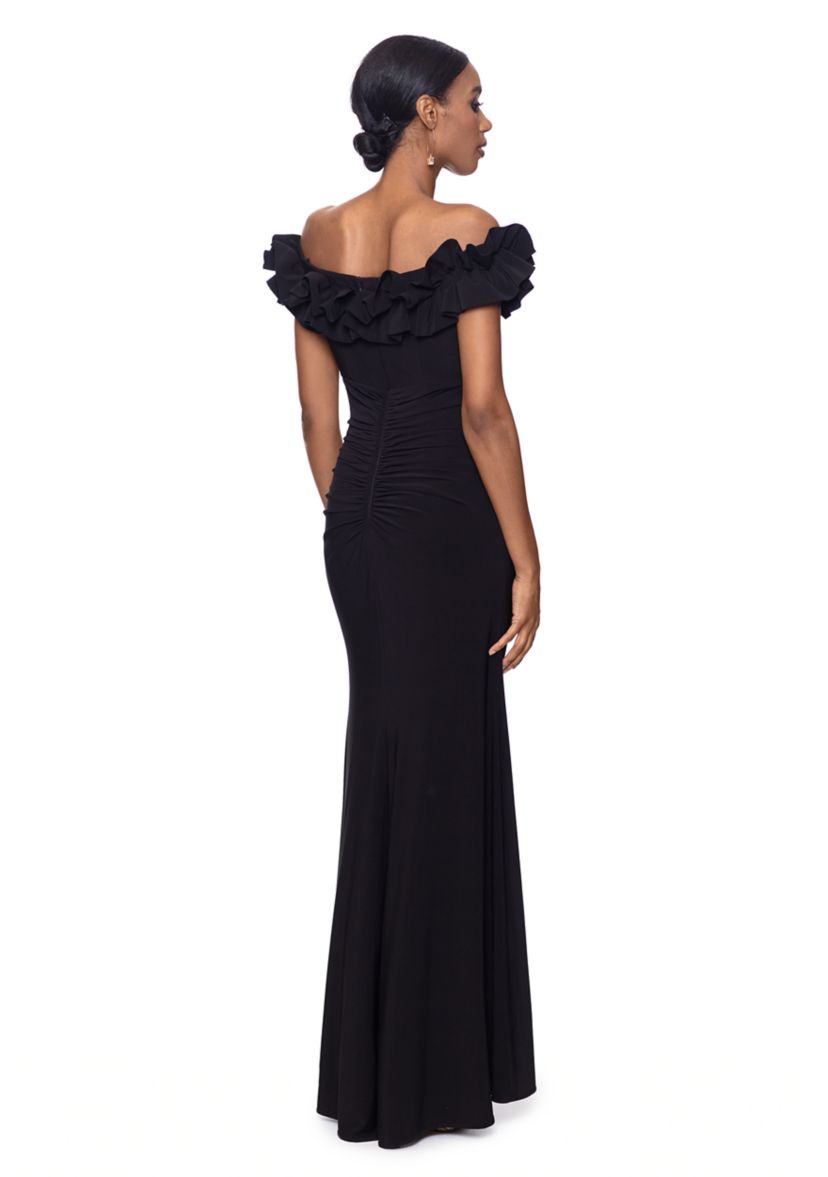 Womens Sleeveless Ruffle Solid Gown 