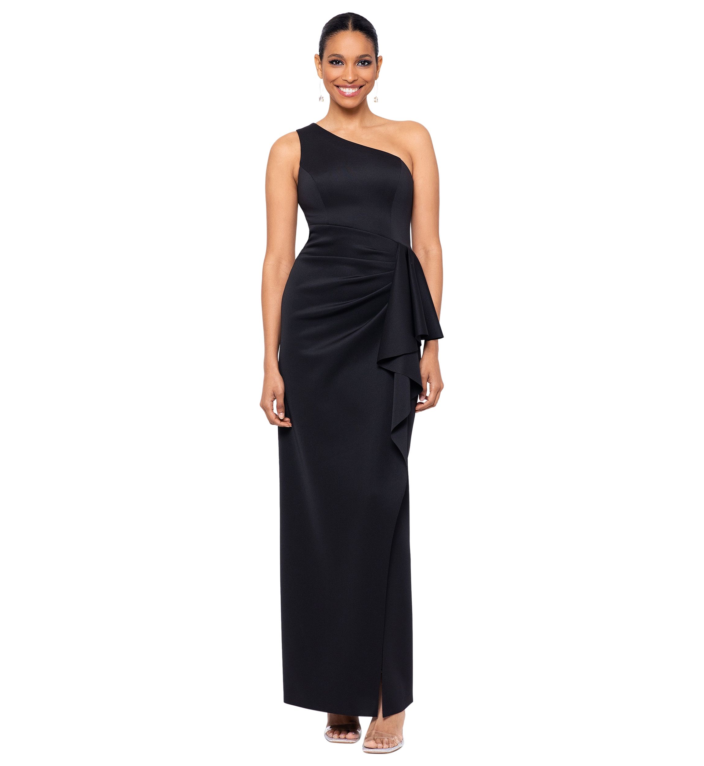 Womens Long Scuba One Shoulder Ruffle Slim Gown