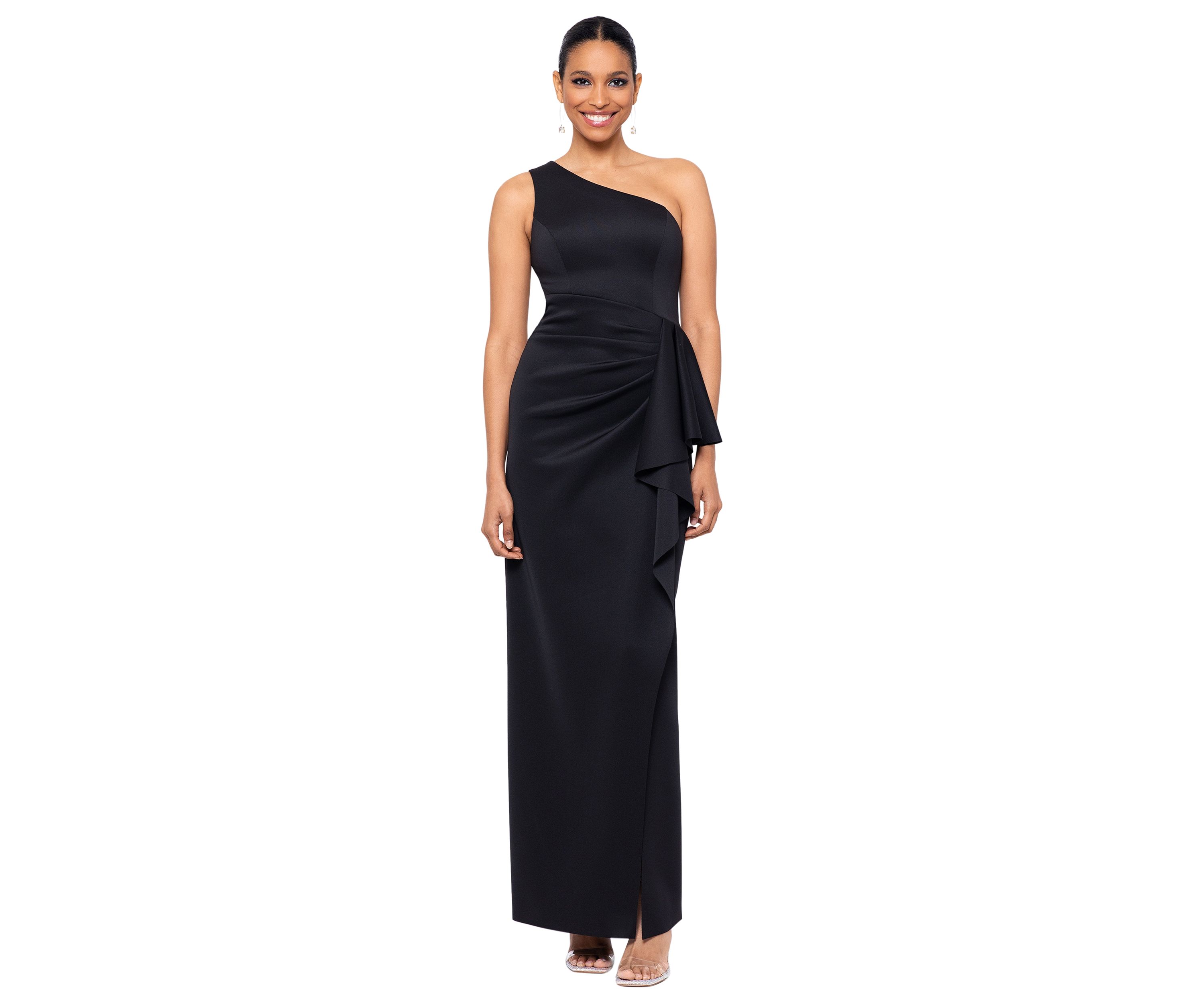 Womens Long Scuba One Shoulder Ruffle Slim Gown