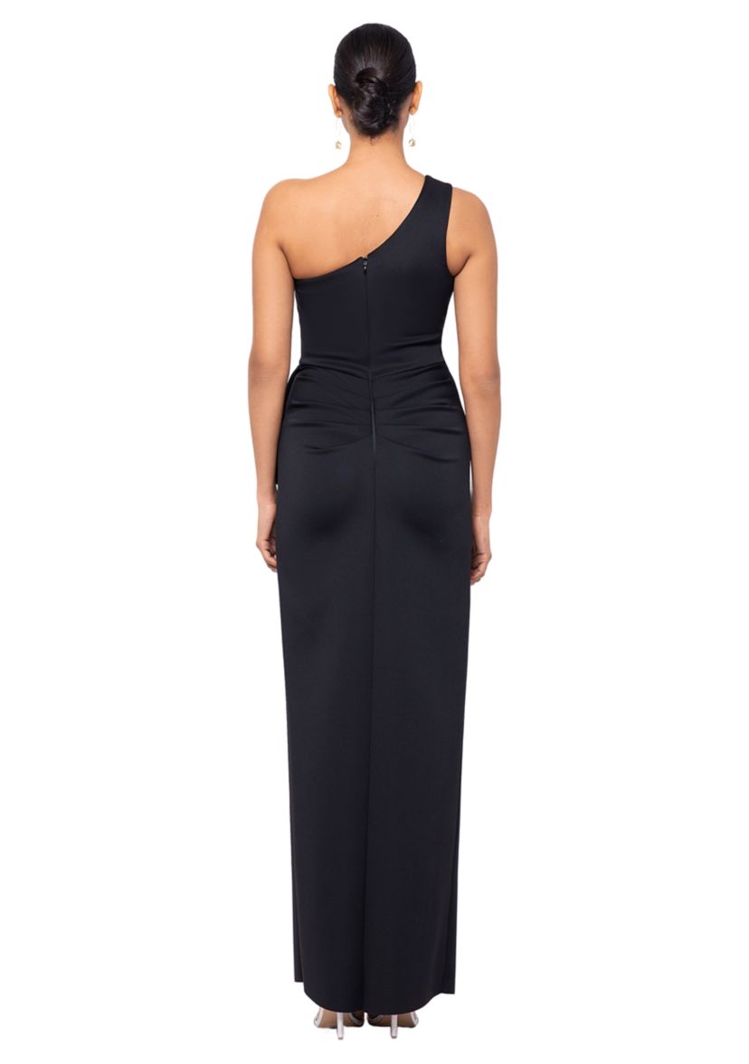 Womens Long Scuba One Shoulder Ruffle Slim Gown