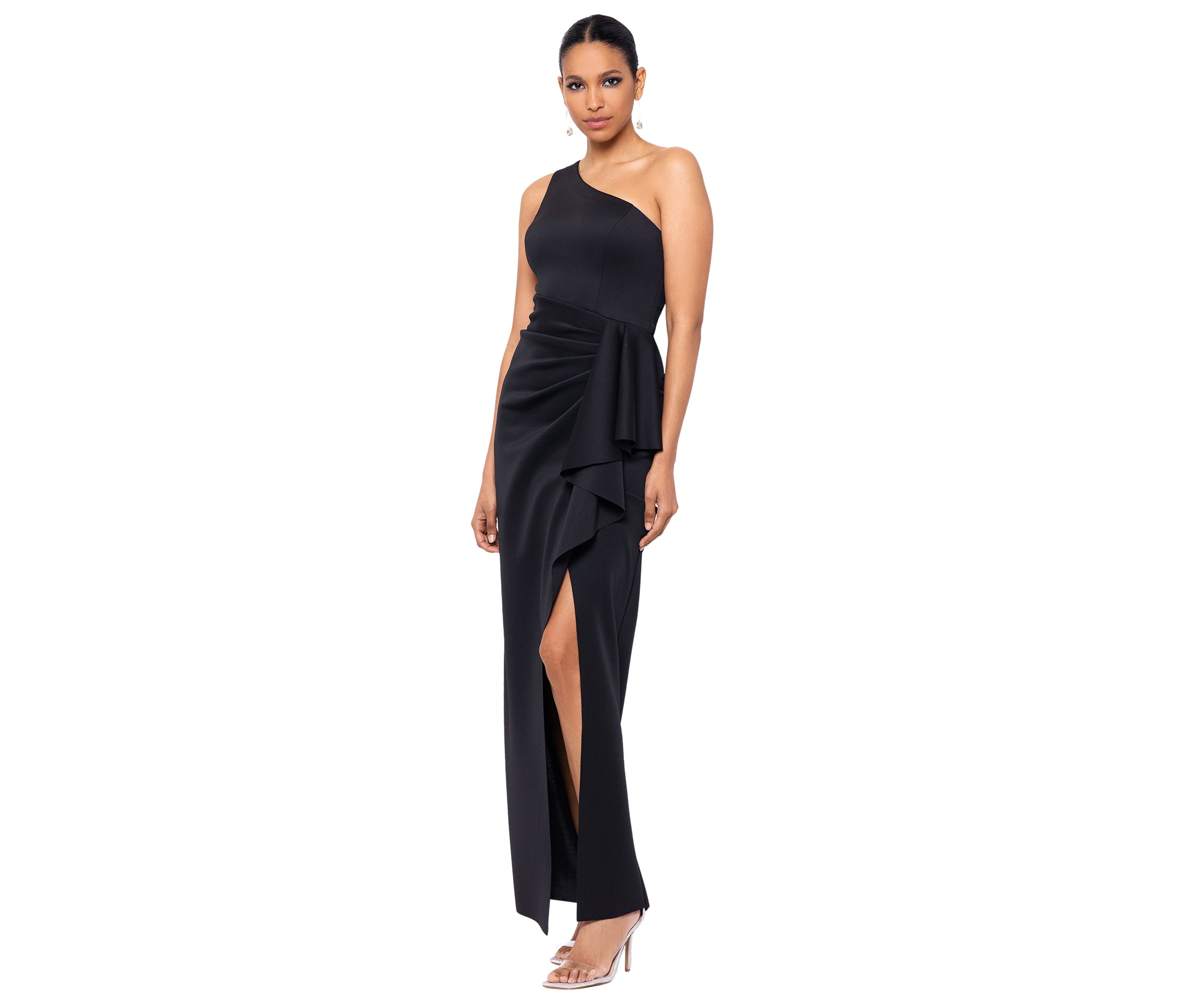 Womens Long Scuba One Shoulder Ruffle Slim Gown