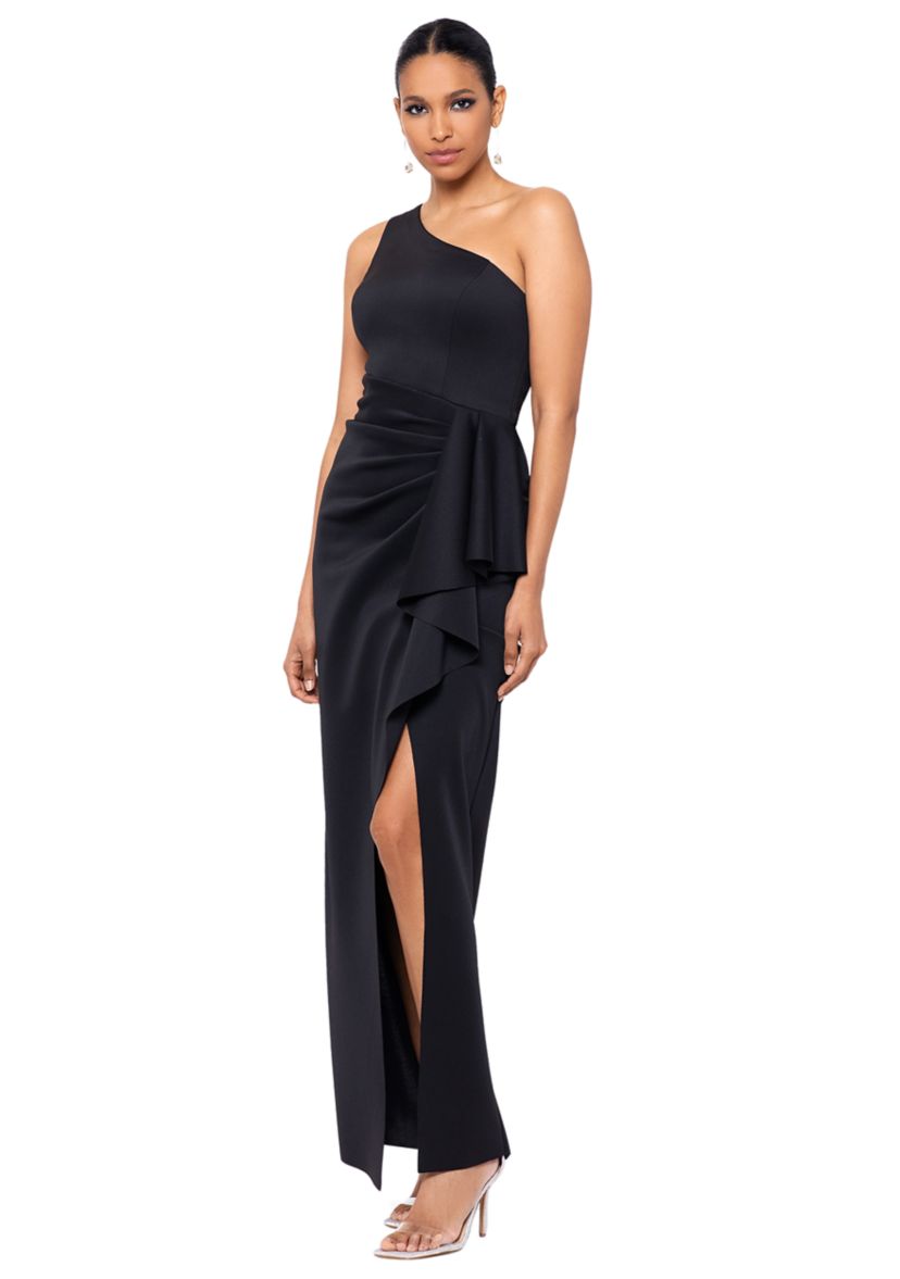 Womens Long Scuba One Shoulder Ruffle Slim Gown