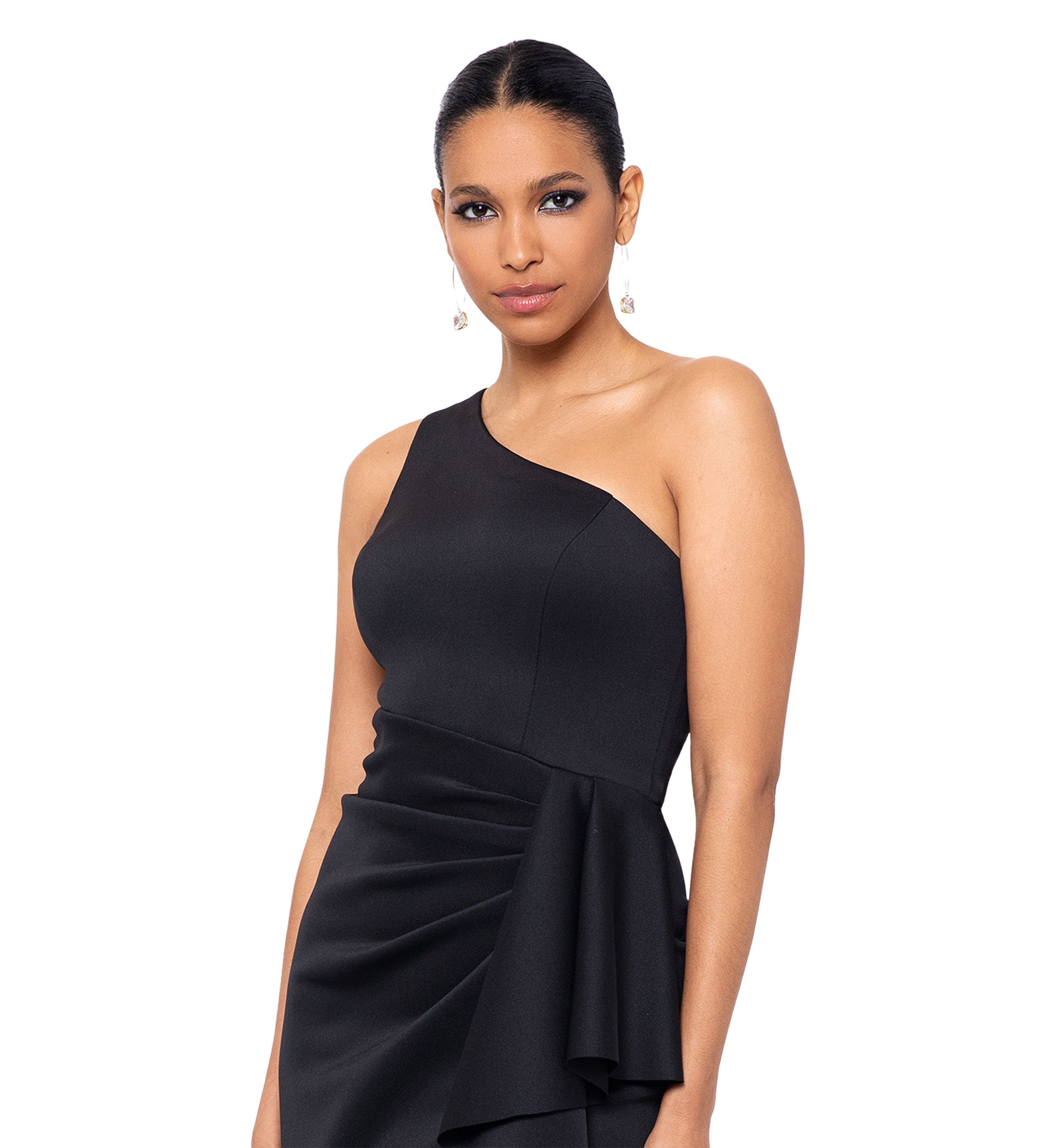 Womens Long Scuba One Shoulder Ruffle Slim Gown