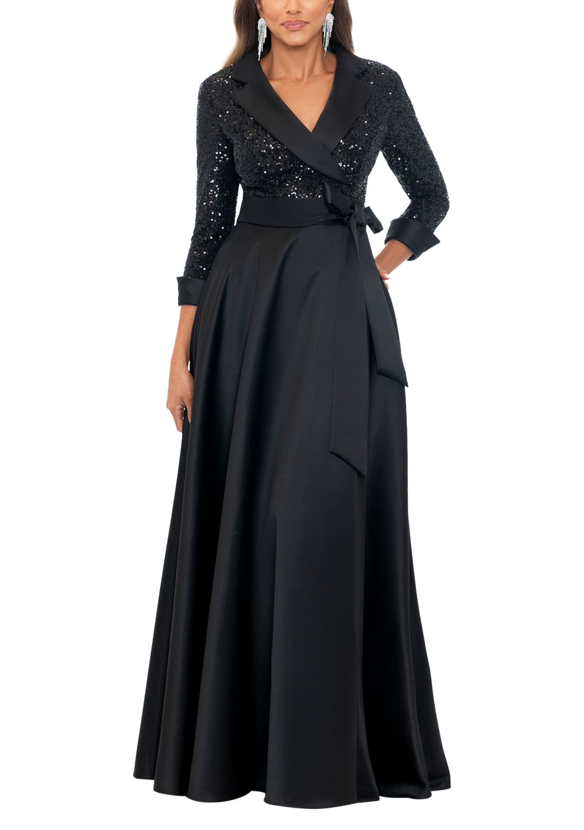 Womens Long Sleeve V-Neck Solid Sequin Ballgown