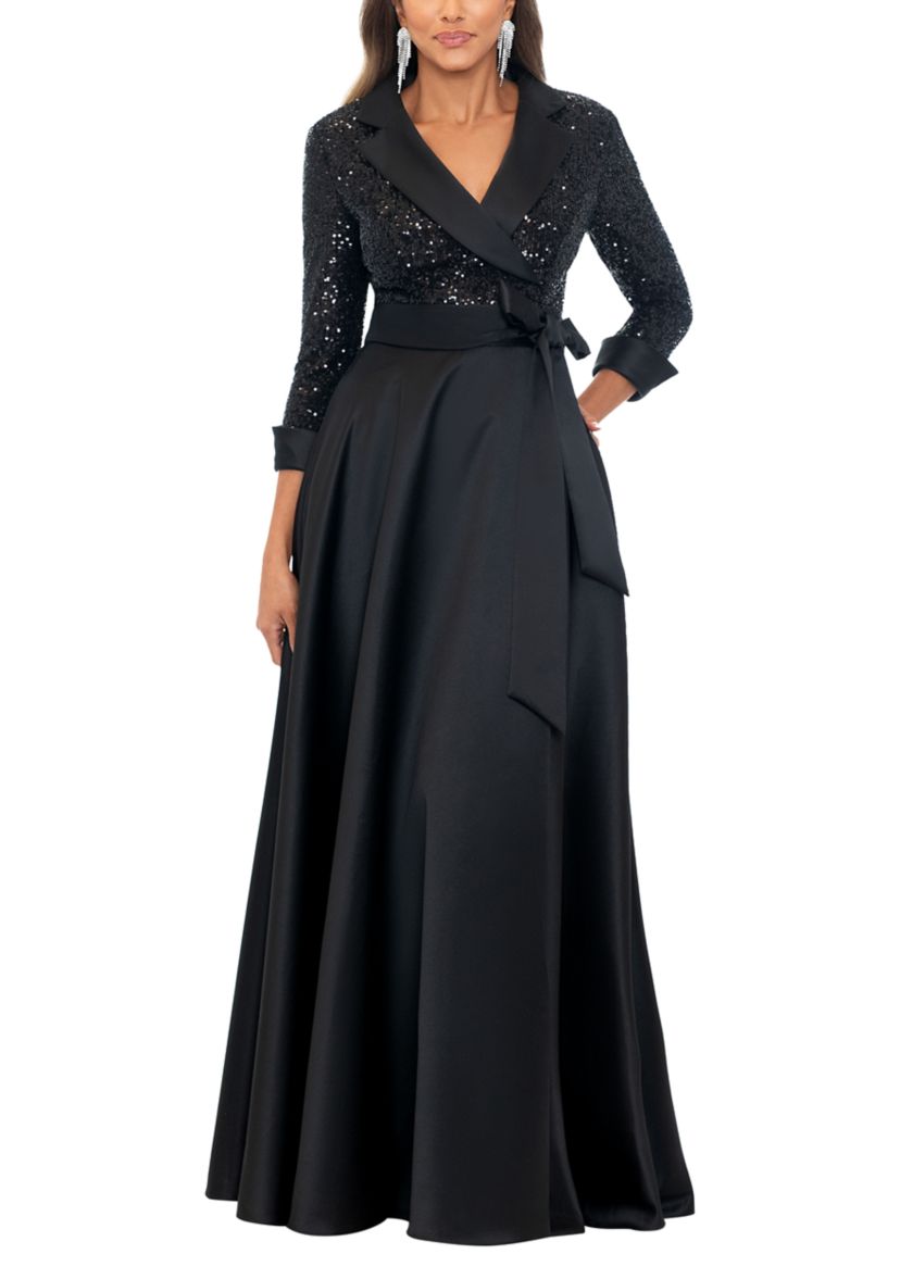 Womens Long Sleeve V-Neck Solid Sequin Ballgown