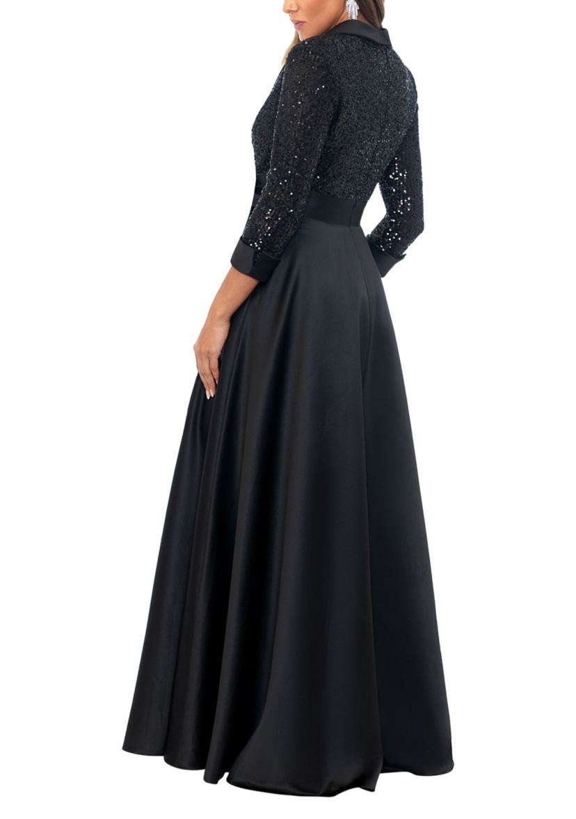 Womens Long Sleeve V-Neck Solid Sequin Ballgown