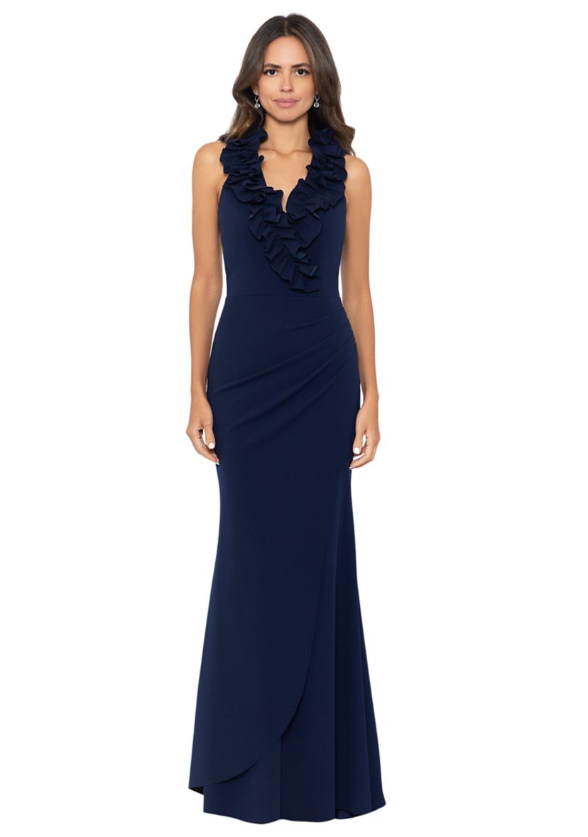 Womens V-Neck Ruffle Sheath Gown