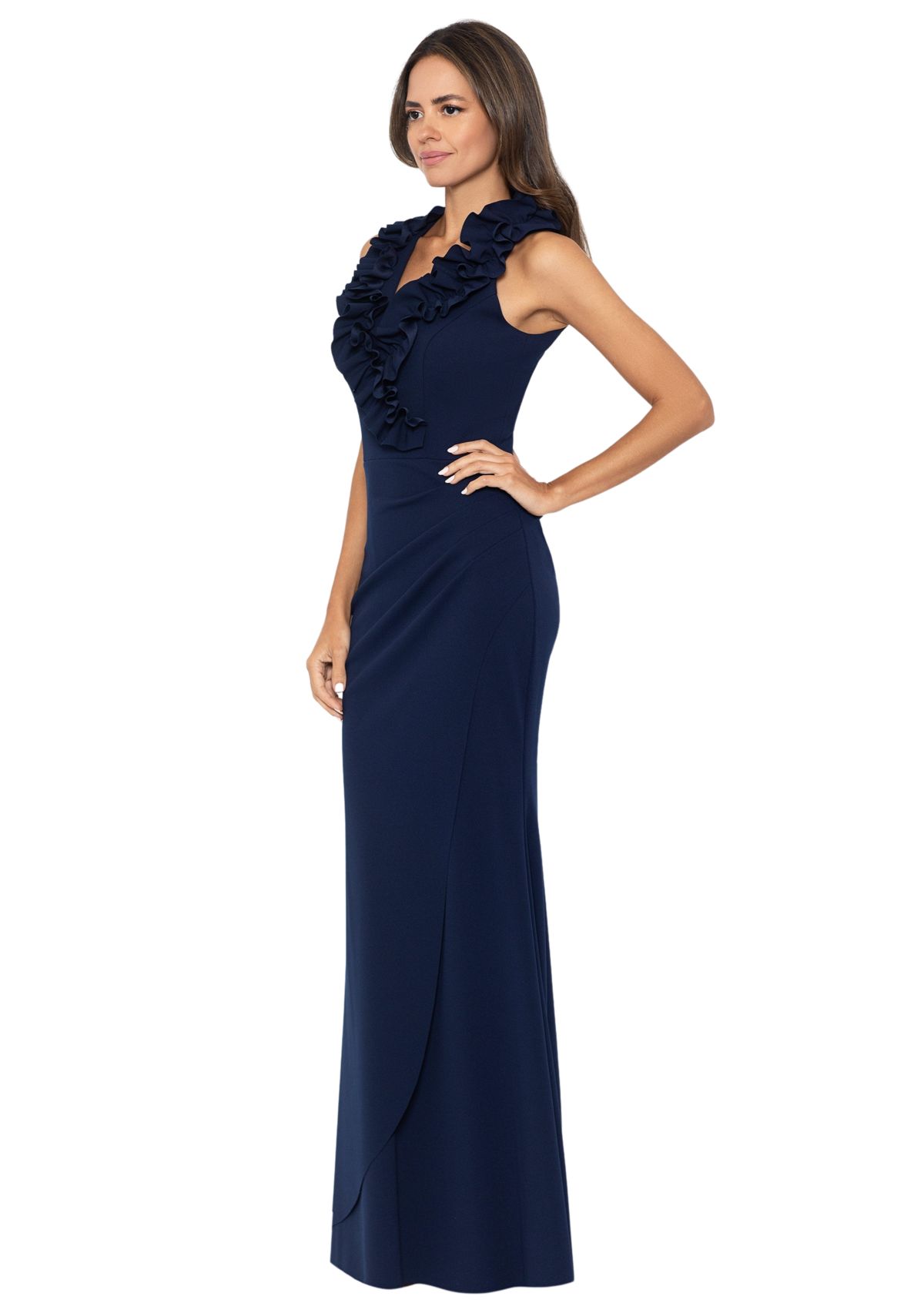 Womens V-Neck Ruffle Sheath Gown
