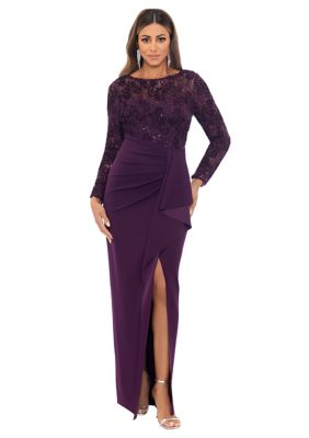 Women's Embellished Long Sleeve Crew Neck Side Ruch Gown