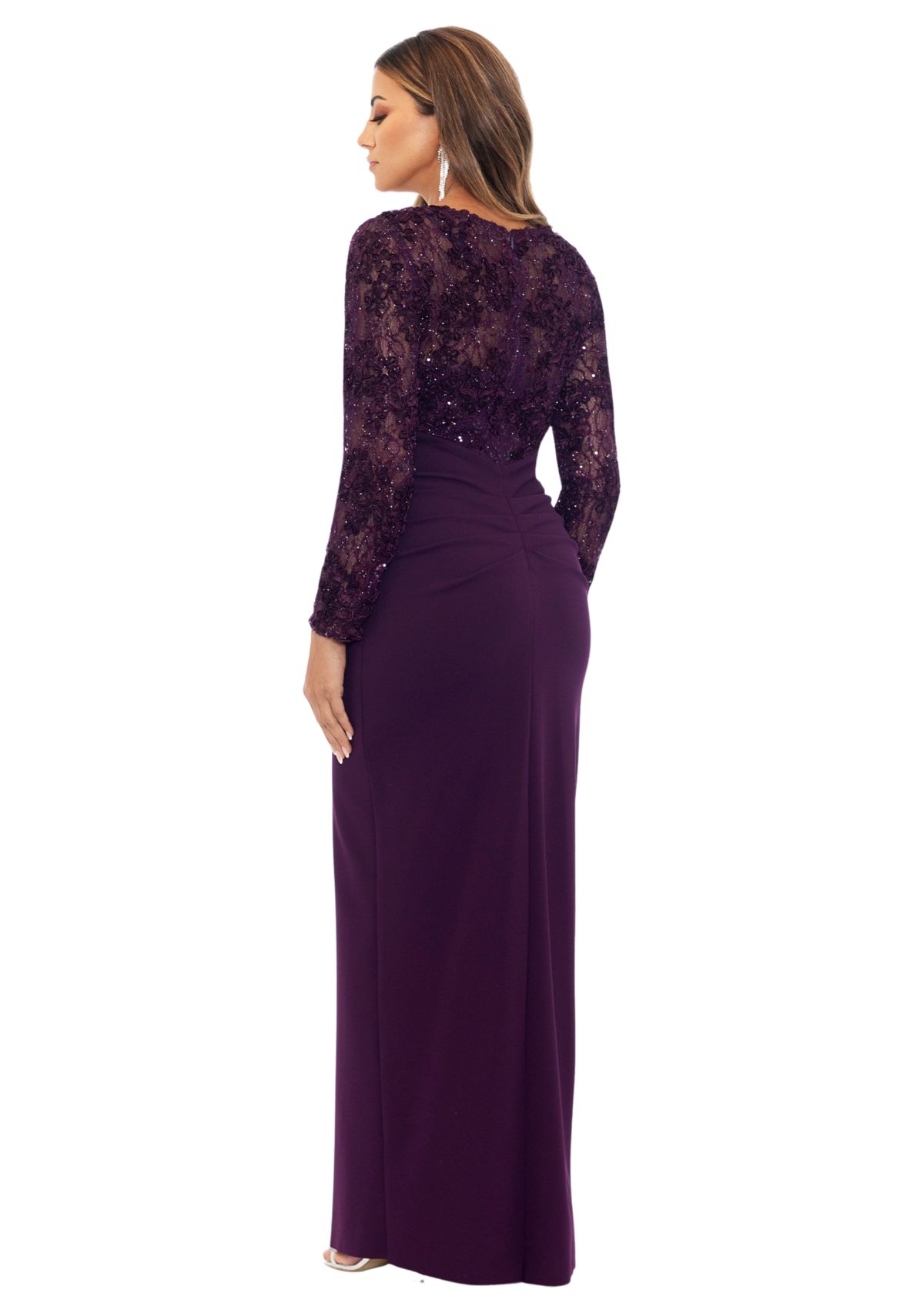 Womens Embellished Long Sleeve Crew Neck Side Ruch Gown