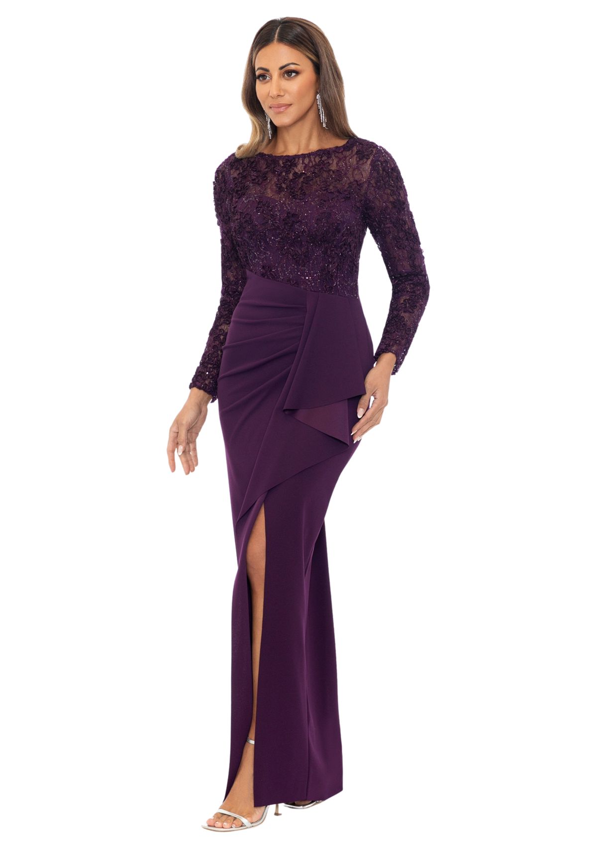 Womens Embellished Long Sleeve Crew Neck Side Ruch Gown