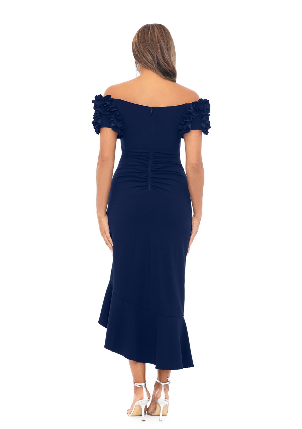 Womens Midi Scuba Crepe Off the Shoulder Ruffle Sleeve Dress