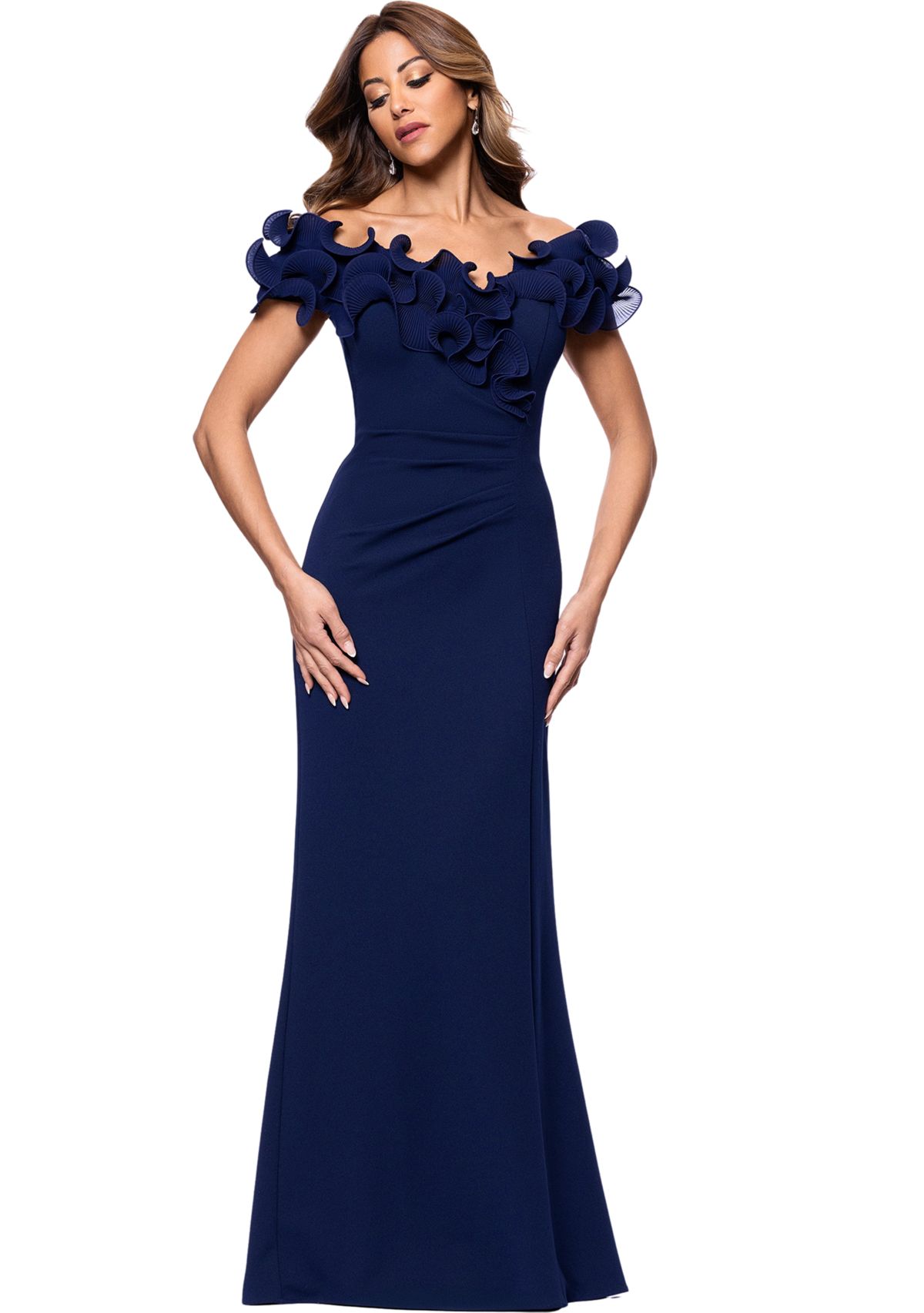Womens Off the Shoulder Scuba Ruffle Sheath Gown
