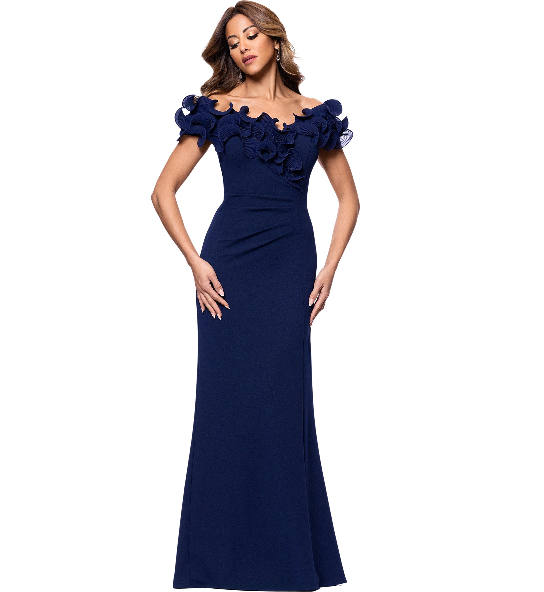 Womens Off the Shoulder Scuba Ruffle Sheath Gown