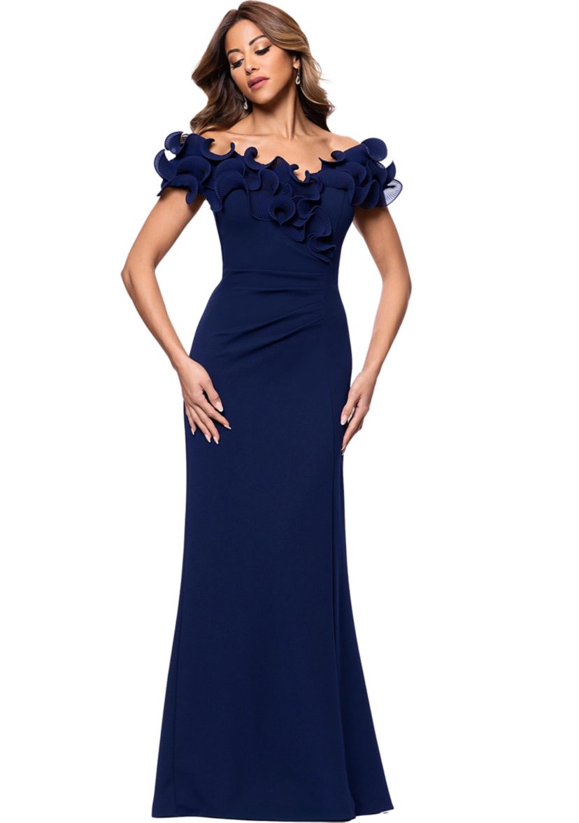 Womens Off the Shoulder Scuba Ruffle Sheath Gown
