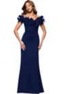Womens Off the Shoulder Scuba Ruffle Sheath Gown