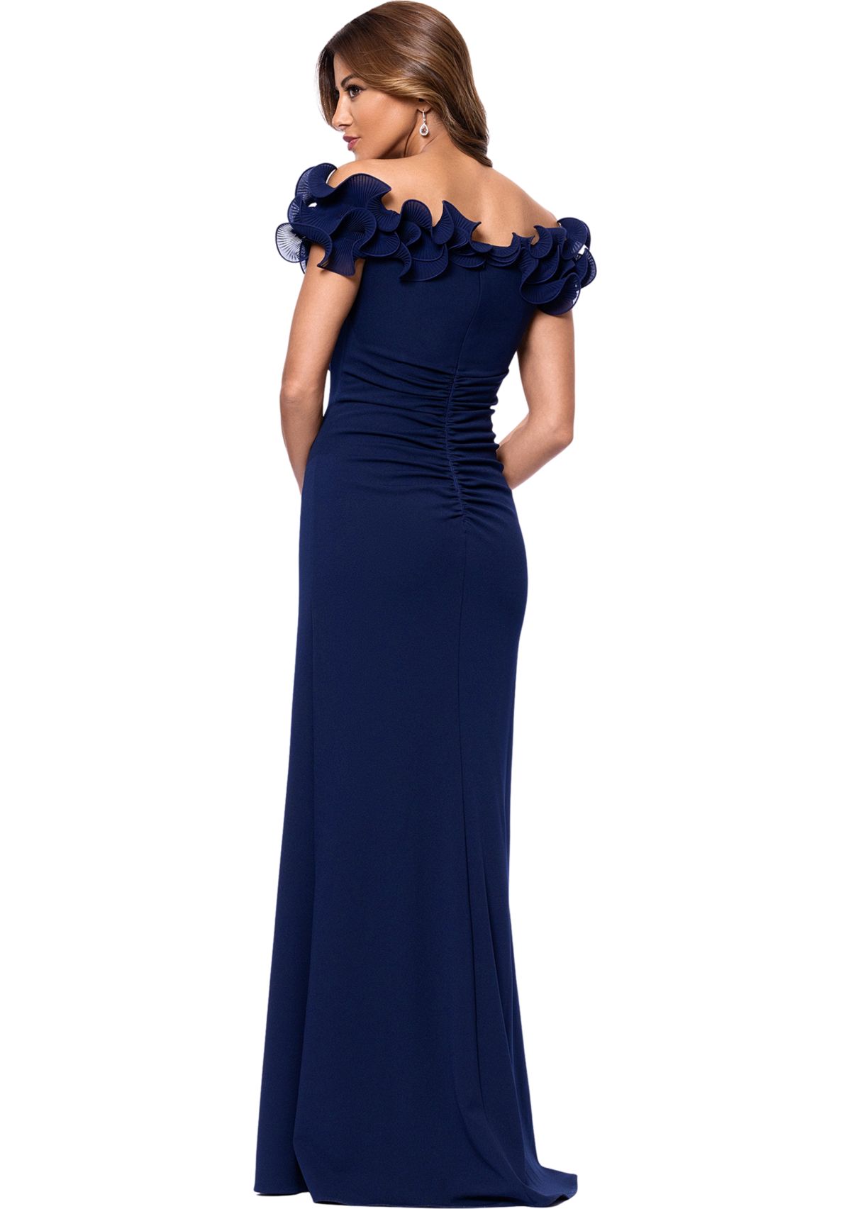 Womens Off the Shoulder Scuba Ruffle Sheath Gown
