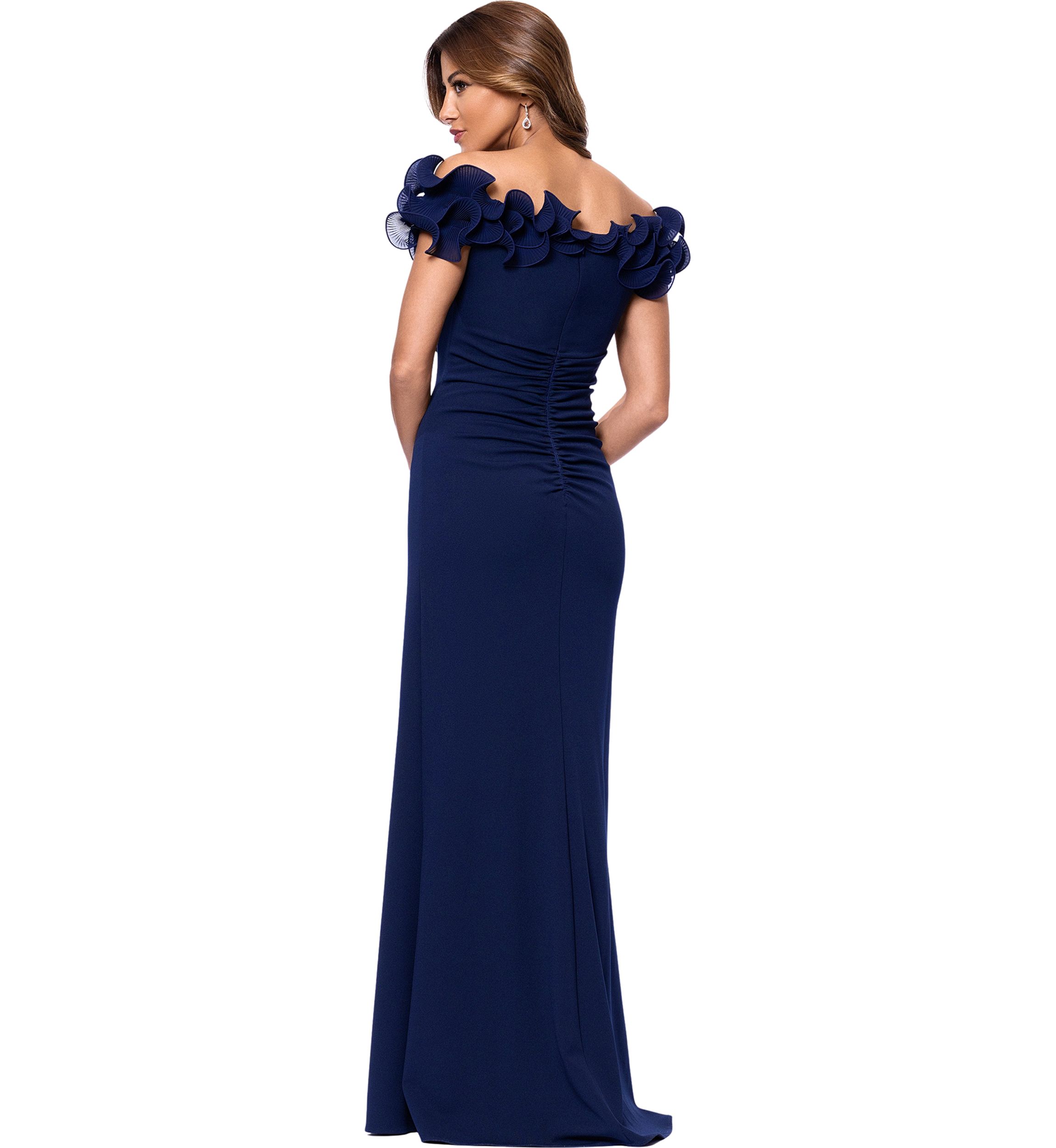 Womens Off the Shoulder Scuba Ruffle Sheath Gown