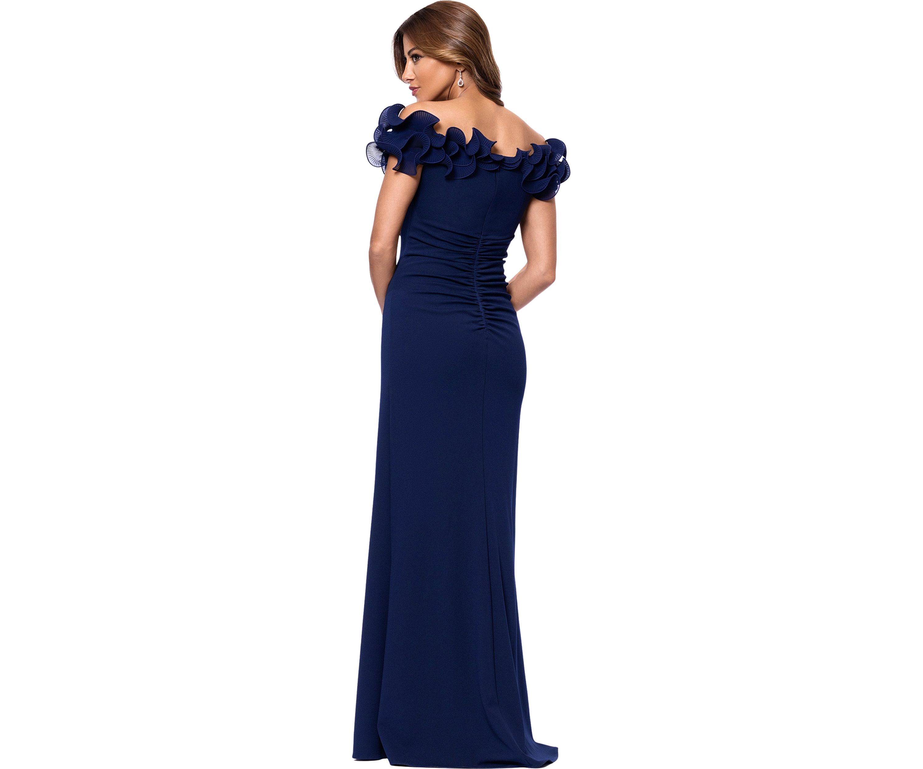 Womens Off the Shoulder Scuba Ruffle Sheath Gown