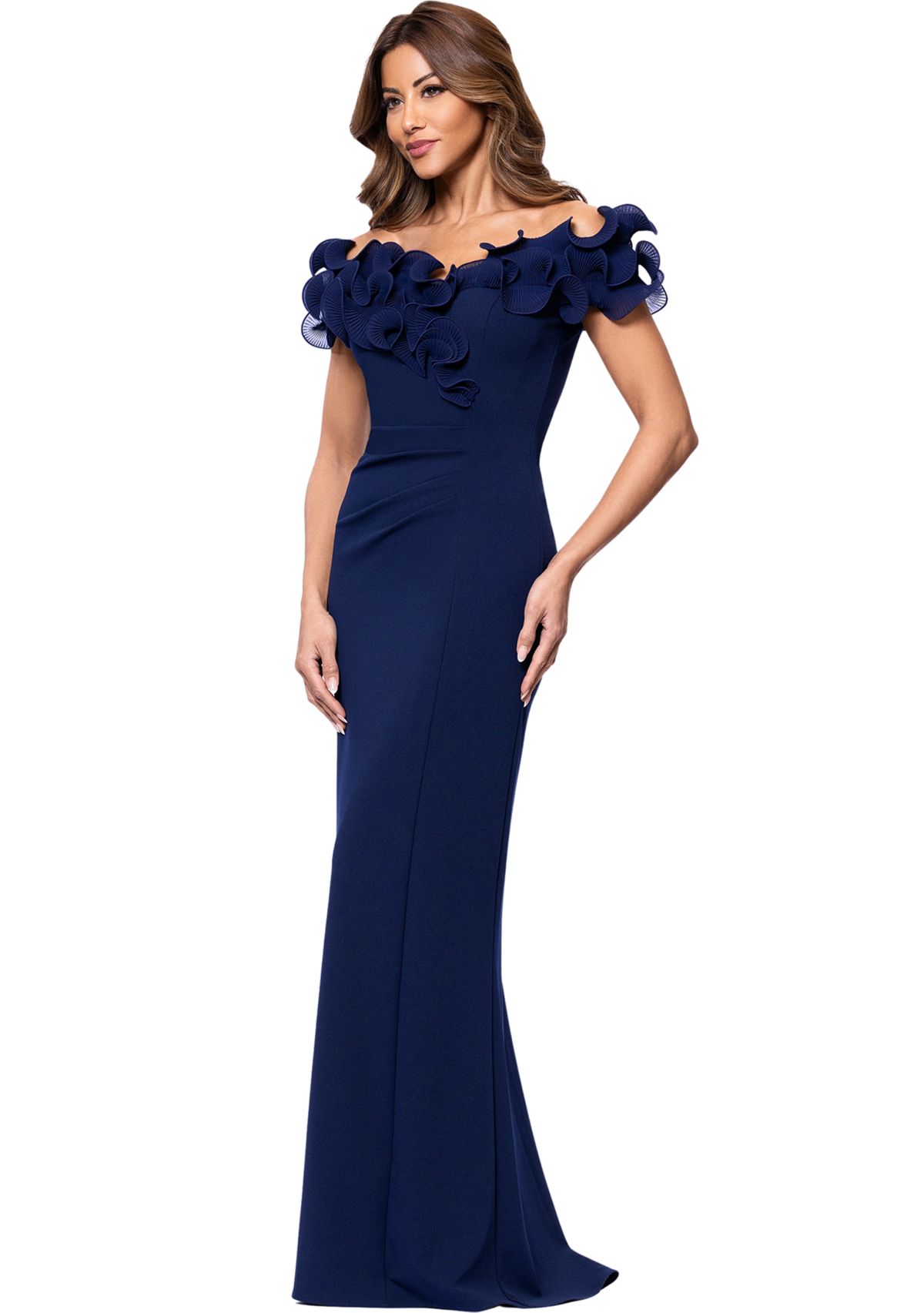 Womens Off the Shoulder Scuba Ruffle Sheath Gown