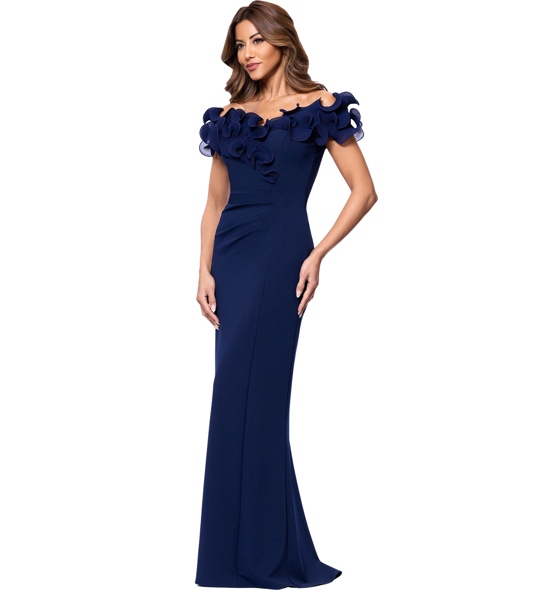 Womens Off the Shoulder Scuba Ruffle Sheath Gown